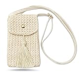 BSITSSS Beige Sac a Main Femme, Sac en Paille avec Gland, Pochette Telephone Portable avec Bandoulière Réglable pour Plage Voyage Vacances Faire du Shopping Sortir Promener