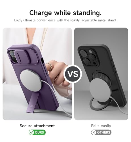 Image of SURITCH for iPhone 15 Case with Magnetic Camera Slide Cover and Adjustable Kickstand, Compatible with MagSafe, Shockproof Bumper Case Slim Protective Cover 6.1 Inch, Dark Purple