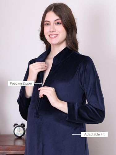 Image of Secret Wish Solid Velvet Maternity Nighty Full Length