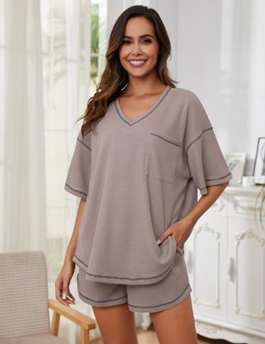 Image of Womens Pajama Sets Waffle Knit 2 Piece Short Lounge Set Cute Sleep Loungewear Pjs Set Short Sleeve Top and Shorts