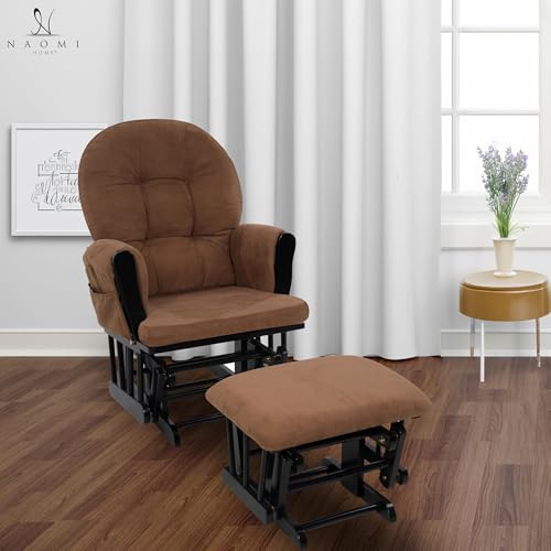 Image of Naomi Home Brisbane Glider and Ottoman Set with Smooth Rocking & Gliding Motion, Ergonomic High-Back Support, Cushioned Armrests, Solid Wood Base, Storage Pockets, Black/Chocolate Nursery Chair