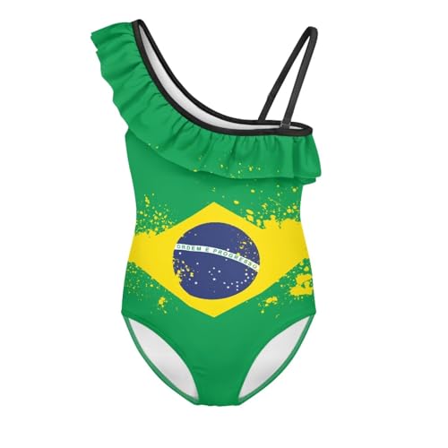 Gzzxiailg Brazilian Flag Childrens One Piece Swimsuits Tie Shoulder Ruffled Bathing Suit Sport Summer Gymnastics Leotards Suitable for 3-14Y Pool Outfits