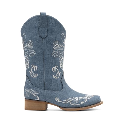 Image of DREAM PAIRS Women's Square Toe Cowboy Cowgirl Boots Pull On Low Chunky Heel Mid Calf Western Boots with Embroidered Stitched for Theme Party Country Concert