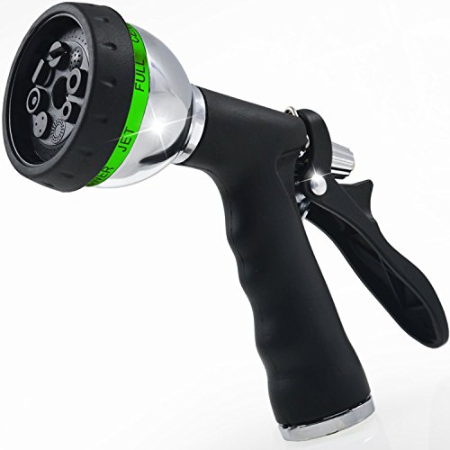 BEST Garden Hose Nozzle (HIGH Pressure Technology) - 8 Way Spray Pattern - Jet, Mist, Shower, Flat, Full, Center, Cone, and Angel Water Sprayer Settings - Rear Trigger Design - Steel Chrome Design