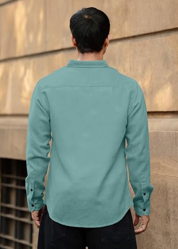 Image of Men's Cotton Casual Shirt, Long Sleeve Button Down, Mandarin Collar, Mustard Yellow, Brown, Rust Colours