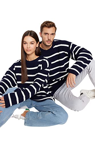 Trendyol Man Oversize Basic Crew Neck Knitwear Sweater,Navy Blue,L