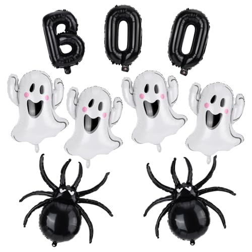 BOXOB 9pcs Halloween Balloons Set, White & Black BOO Ghost Spider Foil Balloons Cute Spooky Party Decorations for Halloween Birthday Baby Shower Supplies
