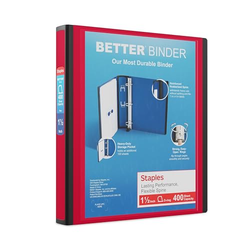Staples Better Binder, 1.5" D‑Ring Heavy‑Duty Binder, Red, Strong Reinforced Spine, 400‑Sheet Capacity, Ideal for Classes, Office Files & Projects, 3‑Pack