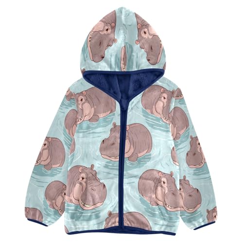 Happy Hippo Water Pattern Print Toddler Fleece Jacket Girl Boys Hooded Fleece Jacket Coat Warm Outwear Zip-up 3-10T