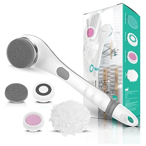 VOYOR Electric body brush back scrubber body exfoliator shower brush with long handle Rechargeable USB Charging Deep Cleansing Set Exfoliating Scrubber Soft Silicone Waterproof bath brush BC100 (Grey) Cover