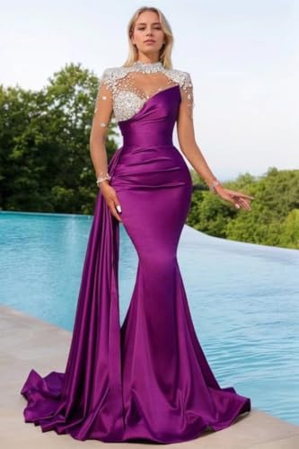 High Neck Mermaid Prom Dresses Long Sleeves Sweetheart Tulle Beaded Satin Pleated Tight Formal Dresses Evening Party Gowns4