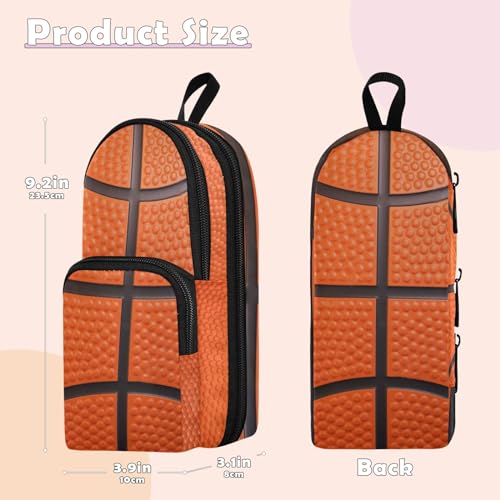 Image of ZAZYXTJ Basketball Texture Standing Large Capacity Pencil Case 3 Compartment Pen Pouch Storage Canvas Makeup Bag for School Office Teen Girl Boy Men Women