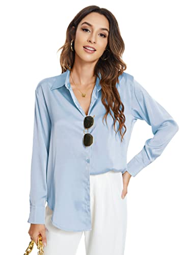 Atnlewhi Womens Long Sleeve Button Down Satin Silk Shirts Casual Business Office Dress Shirts Blouses3