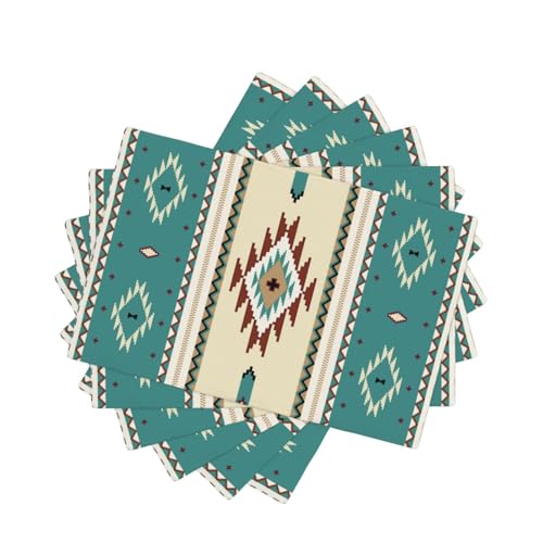 Llylumty Aztec Washable Place Mats,Ethnic Southwestern Mexican Native Indian Green Placemats Set Of 6 Linen Dinner Mats Kitchen Dining Room Party 12 Inchx18 Inch cover