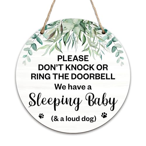 Baby Sleeping Door Sign For Front Door Greenery Do Not Knock Or Ring Doorbell Hanging Sign For Home No Soliciting Sign Gifts For New Parents Dog Bark Warning Sign Decor For Babyroom Dog House -05