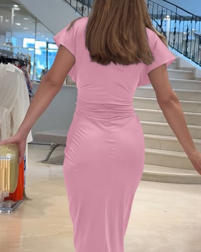 Image of CHICME Summer Dresses for Women Floral Print Plunge V Neck Midi Dress Casual Ruched Slit Bodycon Party Dress