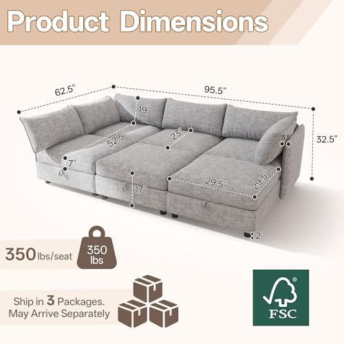 Image of 95.5 inch Chenille Modular Sectional Sofa Bed Hidden Storage, Convertible L U Shaped Sleeper Couch, 6 Seat Modern Modular Sectional Sofa with Removable Covers & Ottoman Chaise, for Living Room, Gray