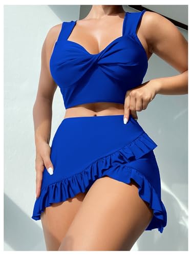 SweatyRocks Women's 3 Piece Twist Ruffle Bikini Swimsuits Bathing Suit with Beach Skirts3