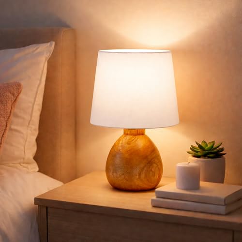 Image of Wooden Bedside Table Lamp with Fabric Shade, Warm Ambient Light, Handmade Mango Wood Base, Rustic Farmhouse Design, Cute Dowel, 15 x 15 x 25 cm (White)