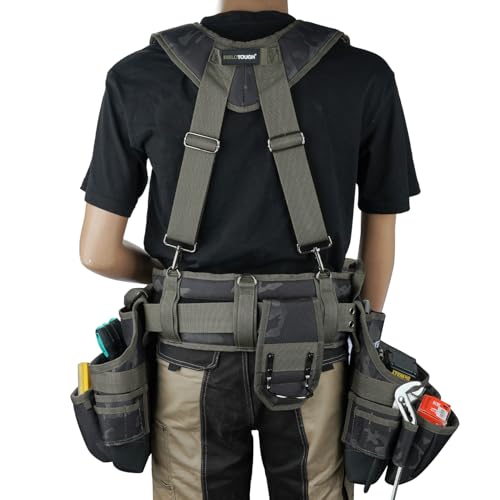 Image of MELOTOUGH Camo Tool Belt with Suspenders Camouflage Tool Pouch Organizer Supenders Framers Combo Apron Tool Belt Construction Tool Bag Suspenders Heavy Duty Carpenter Suspension Rig (Green Camo)
