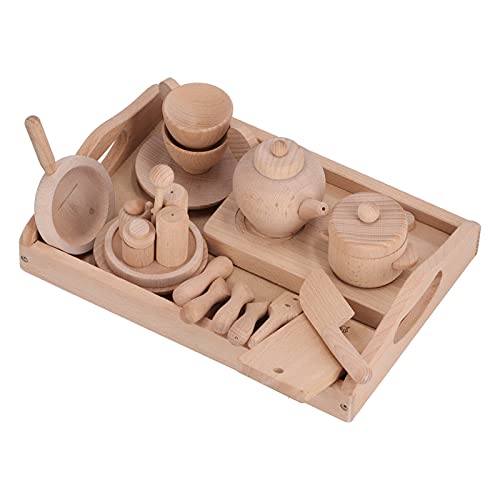 Kids Kitchen Toy, Toddler Pretend Rice Cooker Pots Pans Simulation Play Wood Kitchen Toy Set Outdoor Fake Cookware Cooking Utensils Playset Set with Seasoning Boxes and Chopping Board for Girls, Boys