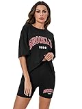 Verdusa Women's Letter Print Oversized Tee Biker Shorts Set 2 Piece Outfit Tracksuit Black S