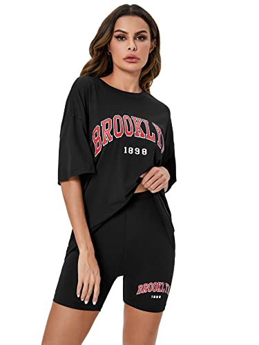 Verdusa Women's Letter Print Oversized Tee Biker Shorts Set 2 Piece Outfit Tracksuit Black Xs #TOP19