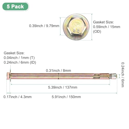 Image of M METERXITY 5-Pack Hex Expansion Bolt, M6x150mm Colored Galvanized Iron-Carbon Steel External Hex Expansion Bolts, Anti-Corrosion Metal Bolt for Concrete /Dry Brick /Block Walls