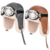 ShinyMatch 2 Sets Pilot Hat with Goggles Pilot Cap for Men, Gray, Coffee