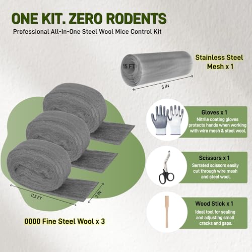 Image of Steel Wool Mice Control, 3 Pack 3''x11.5Ft Steel Wool & 1 Pack 5''x15Ft Stainless Steel Wire Mesh with Gloves, Scissors & Wood Stick, Mouse Hole Filler DIY Kit for House & Garage, Wall Gaps