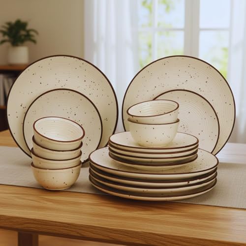 Image of Freakway Dinner Set, Ceramic Dinnerware with Brown Rim, Speckled Beige Design, 18 Pieces