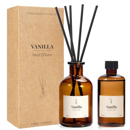 Reed Diffuser Set 8.12 fl.oz Vanilla Oil Diffuser with 10 Sticks Home Fragrance Reed Diffuser for Bathroom Shelf Decor & Air Fresheners Up to 120 Days 2 Pack