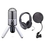 Samson Meteor Mic USB Studio Microphone Large Diaphragm, Built-in Monitoring + Samson Stereo Headphones + Pop Filter