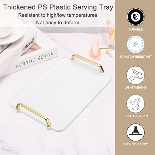 PATIKIL 12 x 8.6 Inches Plastic Serving Tray with Golden Handles, Reusable Tray Rectangular Party Platters for Dessert Coffee Tea Table, Living Room Kitchen Countertop, White by PATIKIL - Used condition - Image 3