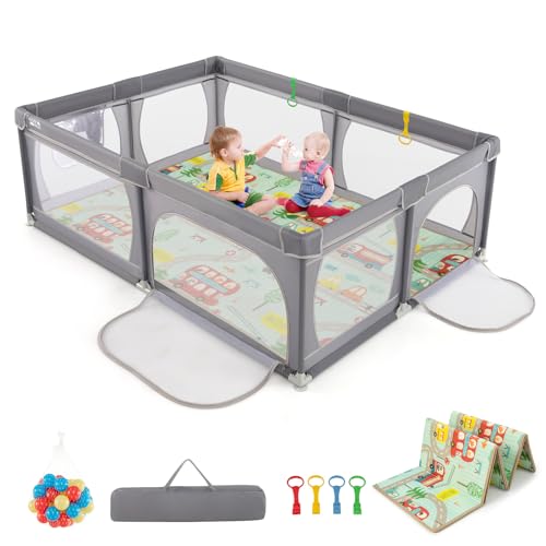 COSTWAY Recinto per Bambini con Materasso, Box per Bambini con Tappetino, Rete Traspirante e Apertura a Cerniera, Box Giochi con Borsa, 4 Impugnature e 50 Palline, per Bambibi 0-3 Anni (Grigio Scuro)