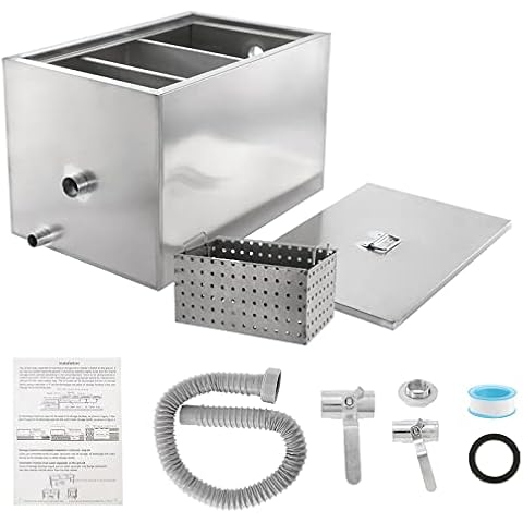 IRONWALLS 25LBS 13GPM Commercial Grease Interceptor Trap Side Water Inlet, 1mm Thickness Stainless Steel Waste Water Oil-Water Separator Under Sink Grease Trap for Home Kitchen, Restaurant, Canteen Cover