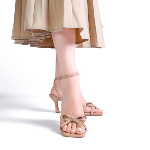 Image of Goderci Kitten Heels with Bow Strappy Heels for Women | Square Open Toe, Mid Heeled Sandals