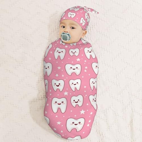 Image of Kawaii Tooth Pattern Newborn Swaddle Blankets Hat Sets Soft Baby Receiving Blanket Swaddle Sack for Baby Shower Infant Boy Girl Gift