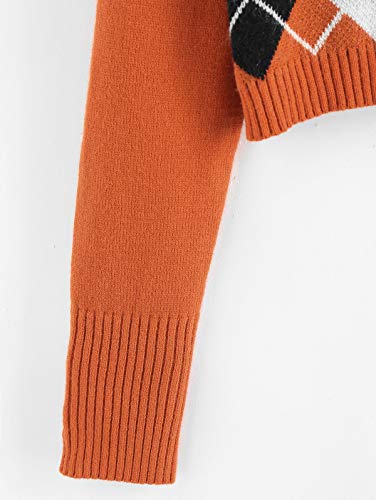 Zaful Women's Casual Long Sleeve Y2K Preppy Style Vintage Knitwear Top Argyle V Neck Sweater(Orange Blossom,L) #TOP4