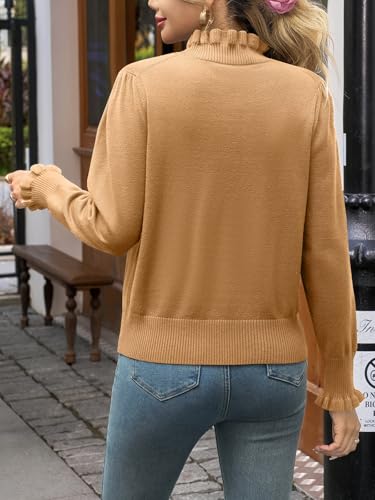 Image of Womens Ruffle Mock Neck Sweater Puff Long Sleeve Fall Trendy Pullover Tops | Fall Winter Clothes, Soft, Business Casual Outfits, Trendy Fashion, Knitted Shirts