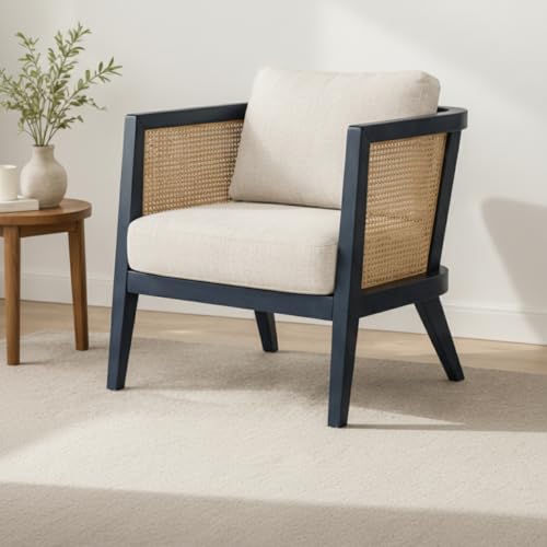 Image of APRODZ Solid Wood Accent Chair for Living Room Mid Century Modern Wooden Upholstered Armchair with Cushion Lounge Chair Cane Back Wooden Frame for Living Room Bedroom Office Seating (Navy Blue)