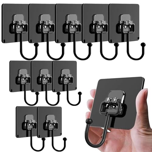 Image of Heavy Duty Adhesive Wall Hooks | 7 x 7 cm | Strong Waterproof No Drill Sticky Hook Hangers for Towel, Keys, Bags & Clothes | 10 Pcs Self Adhesive Wall Hooks - Black