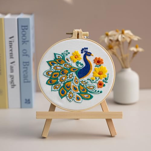 Image of Louise Maelys Peacock Flower Embroidery Kits for Beginners,Cross Stitch Kit for Adults,DIY Needlepoint Kits Including Embroidery Hoop,Instruction and Threads