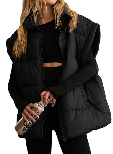 Dokotoo Women's Casual Winter Oversized Puffer Vest Stand Collar Flysleeve Insulated Padded Puffy Jackets Coat with Pockets