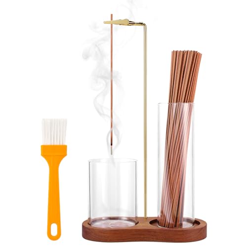 2 in 1 Incense Holder for Sticks with Glass Ash Catcher Upside Down Anti-Ash Incense Stick Burner for Outdoor Patio Modern Vertical Incense Holder for Home Decor Spa Meditation and Reddish Brown
