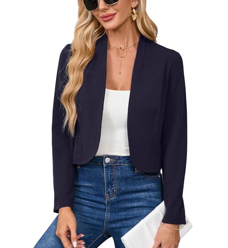 Hobrounn Blazer à manches longues pour femme, blazer ouvert élégant et décontracté, blazer court décontracté, veste de travail, bleu marine, M