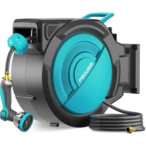 POXURIO 5/8 in x 110 ft Retractable Garden Hose Reel, Wall Mounted Automatic Hose Reel with Upgraded 10 Pattern Nozzle/Any Length Lock/Slow Return System/180°Swivel Bracket, AquaBlue