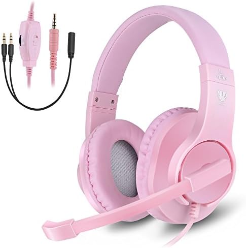 Anksono Gaming Headset for Xbox One, PS4, Nintendo Switch, 3.5MM Wired Over-Ear Headphone with Microphone and Volume Control for PC, Laptop, iPad, Cell Phone, Pink