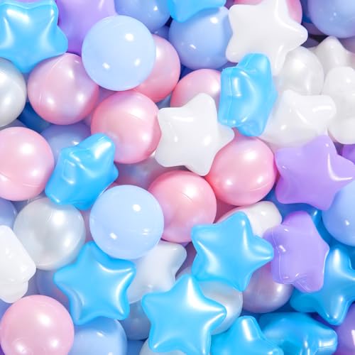 Heopeis Ball Pit Balls Pack of 100 - Star and Round Set BPA Free Phthalate Free Non-Toxic Crush Proof Play Balls Soft Plastic Balls for Toddlers Baby Kids Birthday Pool Tent Party