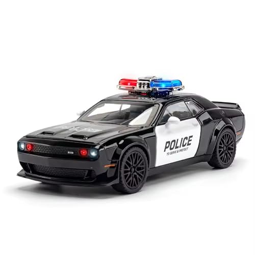 Image of Exclusive Alloy Metal Pull Back Die-cast Car Scale Model with Sound Light Mini Auto Toy for Kids Metal Model Toy Car with Sound and Light?New Version? (1.32 Scale-Dodge CHALLANGER Police-Black)